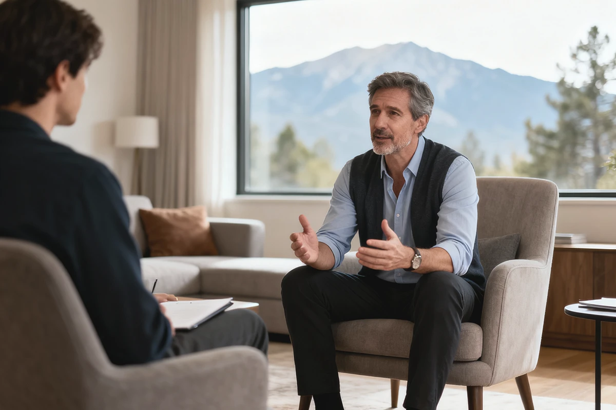 Terapeuta przedstawia jak wygląda harmonogram leczenie uzależnień w ośrodku zamkniętym