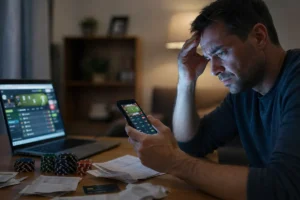 Mężczyzna z telefonem i laptopem późnym wieczorem, symbolizujący hazard online, zakłady bukmacherskie i ryzyko uzależnienia od grania o pieniądze